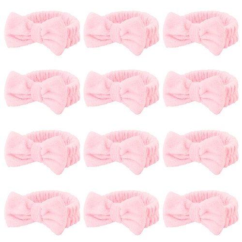 Casoty 12 Pcs Pink Spa Headbands, Makeup Headbands for Women, Soft Coral Fleece Headbands for Makeup, Bow Hair Band for Face Washing Shower Skin Care Yoga