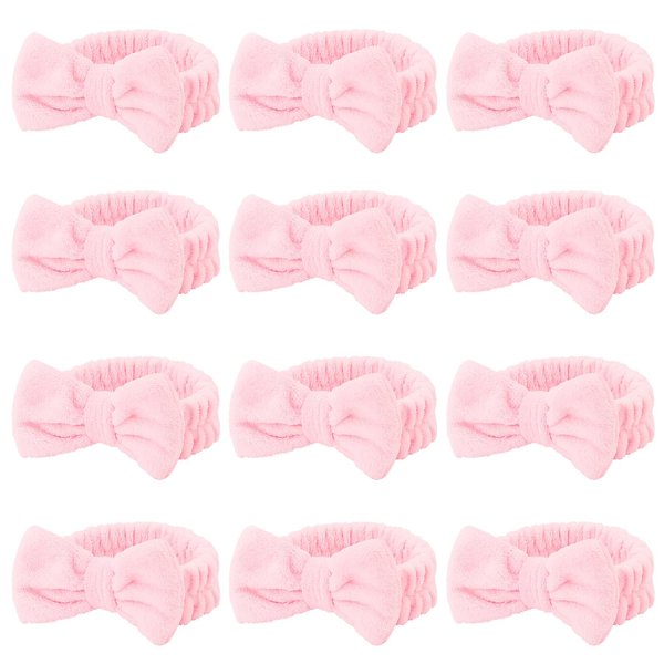 Casoty 12 Pcs Pink Spa Headbands, Makeup Headbands for Women, Soft Coral Fleece Headbands for Makeup, Bow Hair Band for Face Washing Shower Skin Care Yoga
