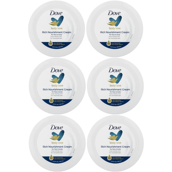 Dove Body Love Rich Nourishment Cream, Face, Hand & Body Lotion for Extremely Dry Skin, Fast-Absorbing 72-Hour Moisturizing Cream with Ceramide Serum, 5.07 Fl Oz (Pack of 6)