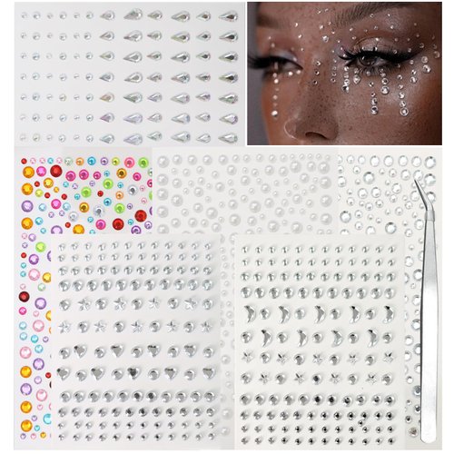 Yosca 6 Pcs Self Adhesive Face Gems, Rhinestone Stickers for Face Eye Nail Hair Body Makeup, Face Gems, Nail Rhinestones, Pearl Stickers for Halloween Christmas Diwali Concert Crafts Rave Accessories