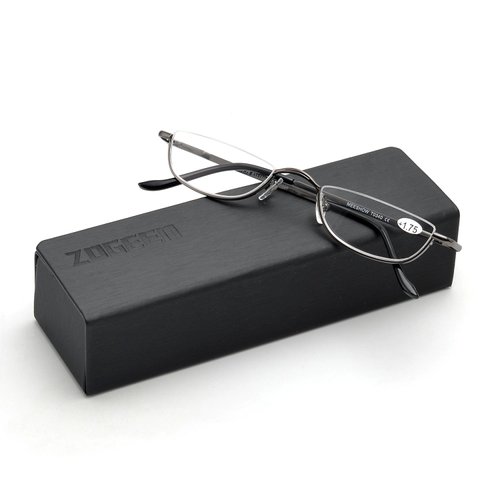 ZUVGEES Vintage Alloy Semi Rimless Reading Glasses Men Women Half Frame Slim Glasses with Stylish Case (Gun Grey, 3.50)