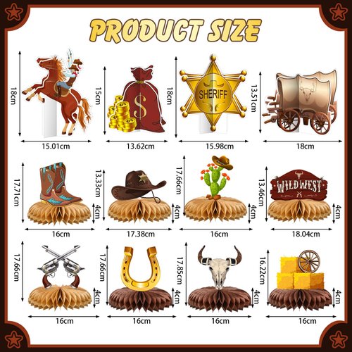 Chrisfall 12 Pcs Western Cowboy Party Decorations Wild West Honeycomb Centerpieces Wild West Cowboy Party Tables Decorations Western Theme Party Decorations for Cowboy Birthday Baby Shower Supplies