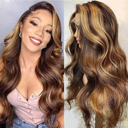 LANHEUNI Highlight Lace Front Wig Human Hair Honey Blonde 13x6 Transparent Lace Frontal Wigs Human Hair 4/27 Highlight Ombre Lace Front Wigs Human Hair Wigs for Women Pre Plucked 180% Density 20Inch