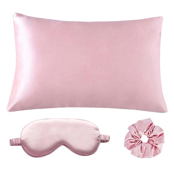 Silky Satin Pillowcase for Hair and Skin with Envelope Closure Satin Pillowcase Set of 3 Decor with Eye Mask and Scrunchie (Light Pink)