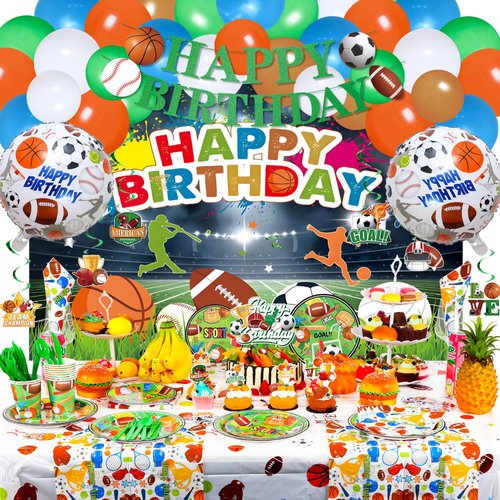 KUGUY 177 Pcs Sports Birthday Party Decorations, Sports Birthday Party Supplies, Sports Themed (Football Soccer Basketball Baseball) Party Decorations: Balloons Backdrop Banner Tableware Stickers.