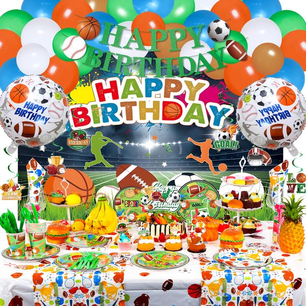 KUGUY 177 Pcs Sports Birthday Party Decorations, Sports Birthday Party Supplies, Sports Themed (Football Soccer Basketball Baseball) Party Decorations: Balloons Backdrop Banner Tableware Stickers.