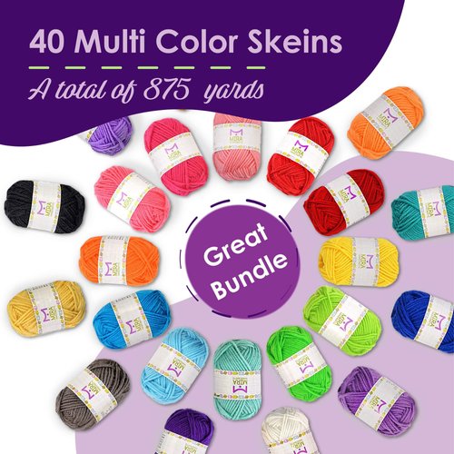 40 Assorted Colors Acrylic Yarn Skeins with 7 E-Books - 875 Yards of Perfect Yarn for Crocheting and Knitting Mini Project - by Mira HandCrafts
