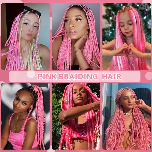 32 Inch Pink Braiding Hair Extensions Pre stretched Braiding Yaki Braids Hair Hot Water Setting Synthetic Hair Colored Braiding Hair Pre stretched Crochet Hair(32Inch,3 Packs,Pink#)