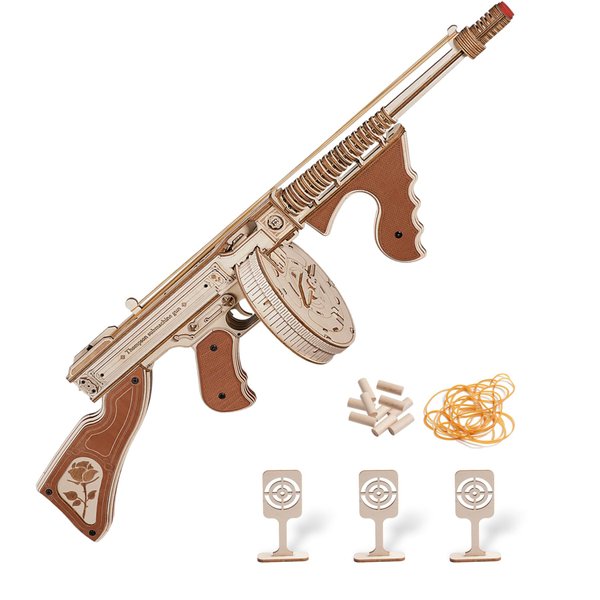ROKR 3D Wooden Puzzles for Adults 275pcs Submachine Gun Rubber Bands Gun Toy DIY Building Model Kits Assembly Puzzle Gifts