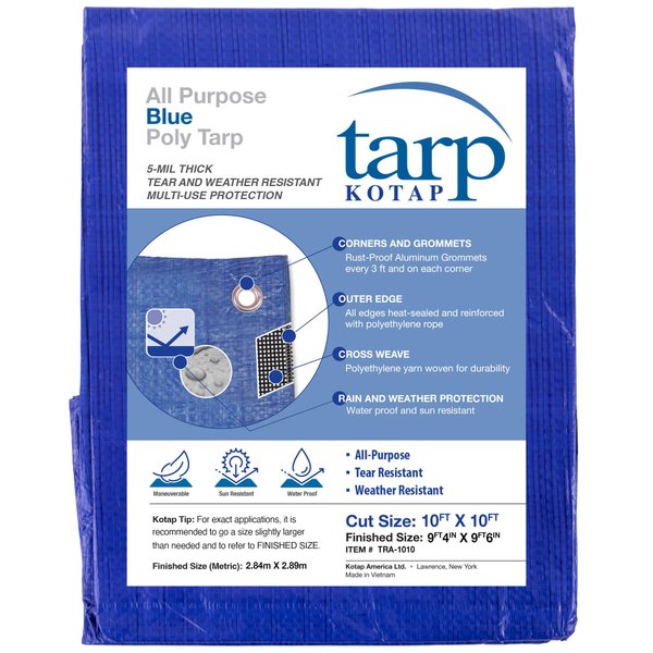 Kotap 10 x 10 Ft. All-Purpose Multi-Use Protection/Coverage 5-mil Poly Tarp, Waterproof, Blue, 1-Pack (TRA-1010)