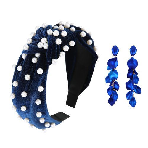 Somlatrecy Women Pearl Knotted Headband with Long Rose Petals Dangle Earrings Navy