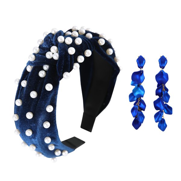 Somlatrecy Women Pearl Knotted Headband with Long Rose Petals Dangle Earrings Navy