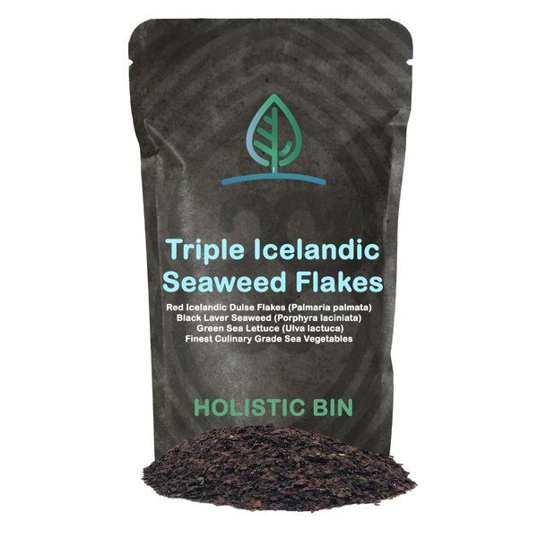 Organic Seaweed Flakes by Holistic Bin | Wild Harvested in Iceland | Red Atlantic Dulse, Black Nori, & Green Sea Lettuce | Dried Seaweed for Miso Soup, Salads, Seasoning, & Smoothies | Rich in Iodine