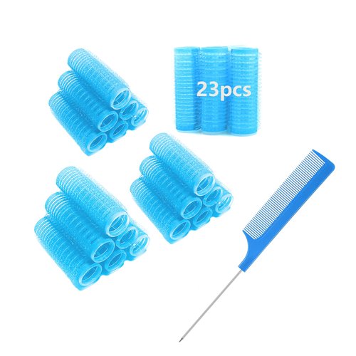 MOODKEY 24PCS Self Grip Heatless Roller Set for Pro Salon Hairdressing and DIY Hairstyling - Medium Short Hair Curlers with Rat Tail Comb (0.8in, Light Blue)