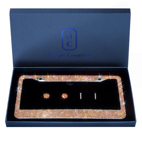 Handcrafted Bling License Plate Frames for Women, Men | 1 Pack Bedazzled Cover with Glittery Screw Caps | Stainless Steel Rhinestone License Plate Frame/Cover | Giftbox Included (Champagne)