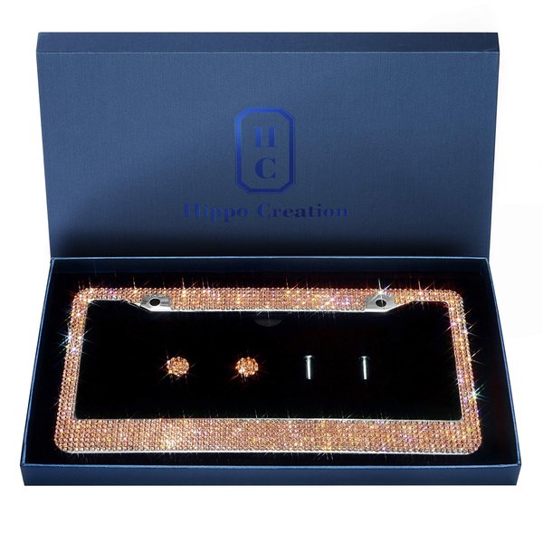 Handcrafted Bling License Plate Frames for Women, Men | 1 Pack Bedazzled Cover with Glittery Screw Caps | Stainless Steel Rhinestone License Plate Frame/Cover | Giftbox Included (Champagne)