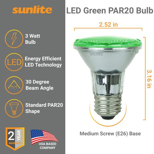 Sunlite 80002-SU LED PAR20 Colored Light Bulb, 3 Watts, (25W Equivalent), E26 Medium Base, 30,000 Hour Lifespan, 1 Pack Green