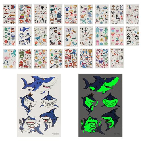 WIWAPLEX Temporary Tattoos Kit Luminous Tattoo Sticker for Kids, Cute&Cool Glow in the Dark Tattoos Washable Dinosaur/Pirate/Cake/Animal/Robot/Aerospace/Transport/Shark Tattoos for Boys, Girls(26 Sheet)