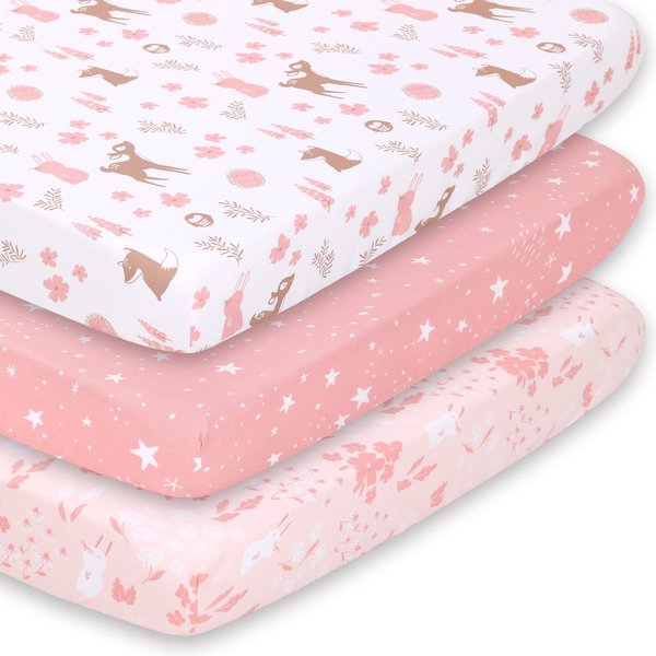 The Peanutshell Mini Crib Sheets Set for Girls, Pack & Play, Playard, Playpen, Mini Crib, 3 Pack, Pink Woodland Floral