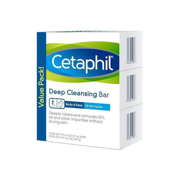 Cetaphil Deep Cleansing Face & Body Bar for All Skin Types, 3 Count