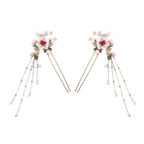 2 Pcs Chinese Hair Sticks, Vintage Pearl Flower Long Tassel Hair Pin Classical Chinese Style Hair Chopsticks Hanfu Hair Accessories for Women