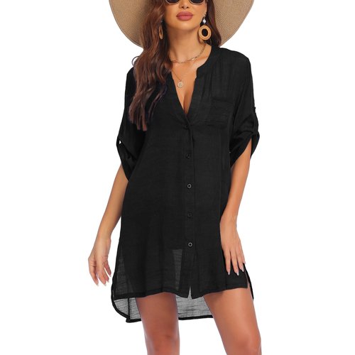 AI'MAGE Women's Swimsuit Cover Ups Shirt V-Neck Button Down Bathing Suit Coverups Beach Tunic Top S-3XL