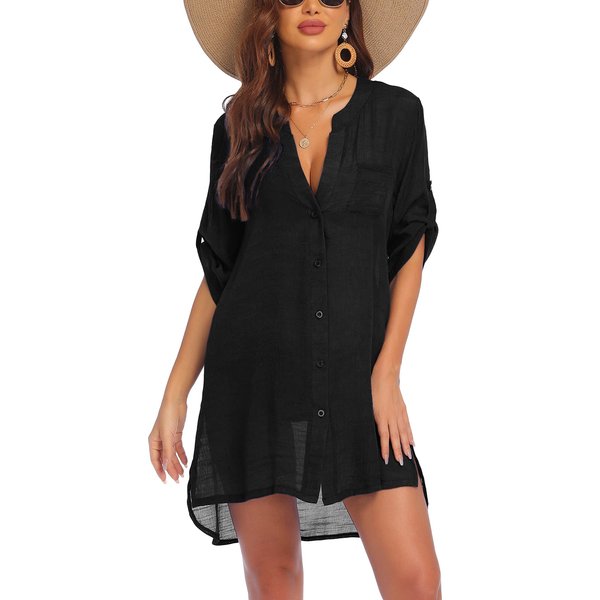 AI'MAGE Women's Swimsuit Cover Ups Shirt V-Neck Button Down Bathing Suit Coverups Beach Tunic Top S-3XL