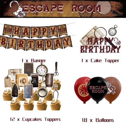 Escape Room Birthday Party Decorations Mystery Escape Room Party Supplies Includes Happy Birthday Banner Cake Topper Cupcake Toppers Balloons