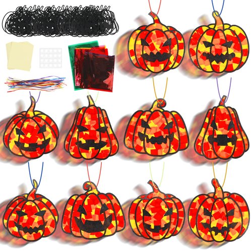 Lonfliness 30 Sets Thanksgiving Arts and Crafts for Kids Pumpkins Suncatchers Craft Halloween Stained Glass Decoration DIY Pumpkins Craft Make Your Own Pumpkin Ornaments for Halloween Kids Gift Favors