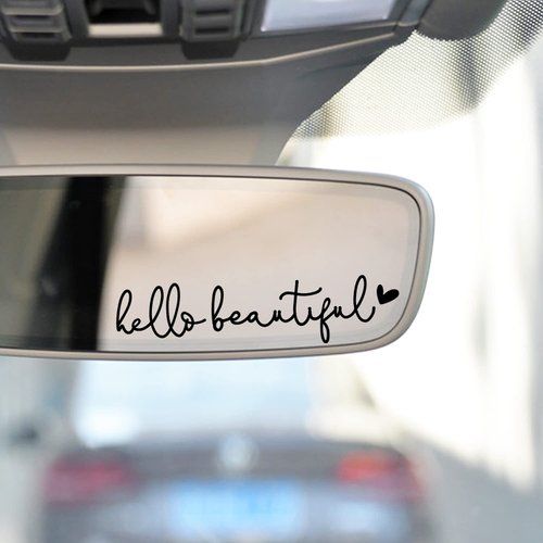 3x Hello Beautiful Rearview Mirror Decal, Vanity Mirror Stickers, Rear View Mirror Vinyl Decal, Car Accessories Gifts, Car Decal For Women, Car Window Decal, Self Affirmations Decal