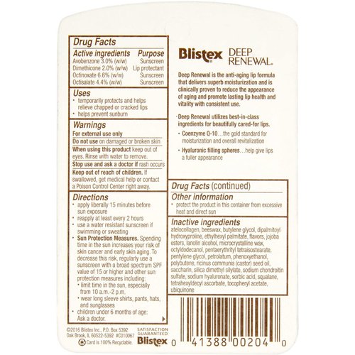 Blistex Lip Protectant Sunscreen Deep Renewal Anti-Aging Formula 0.13 Ounce (3.69g) (Value Pack of 2)