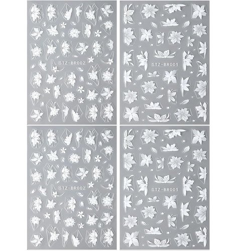 3D White Lace Flower Nail Stickers for Nail Art Lily Petal Floral Nail Sticker Acrylic Flowers Nail Art Stickers Flower Nail Decals Matte Frosted Flower Stickers for Nails Women Nail Decorations, 4pcs
