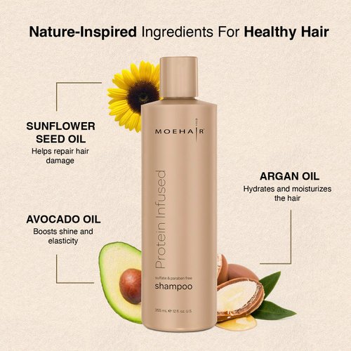 MOEHAIR Protein Infused Shampoo | Anti-Frizz, Moisturizing & Strengthening Shampoo for All Hair Types | With Proteins, Natural Oils & Vitamin E & B5 | Sulfate & Paraben-Free Hair Shampoo 12 Fl Oz
