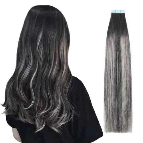 REDMENCO Balayage Tape in Hair Extensions, Ombre #1 Black to Gray Highlighted, 100% Real Natural Remy Human Hair, 18 Inch 40 Gram, Seamless Straight Pu Skin Weft, Can be Wavy and Curly