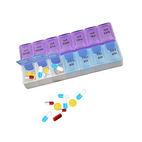 Twice-A-Day Weekly Pill Organizer, Weekly Pill Organizer, 2 Times a Day Color-Coded, Easy-Open, See-Through Lids, Organize Medication or Vitamins by AM, PM