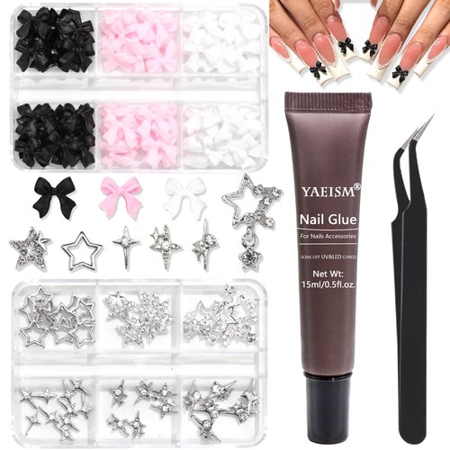 YAEISM Bow Nail Charms and Star Nail Charms Kit,3 Colors Resin Bows for Nails 6 Types Star Charms Shiny Rhinestones with Glue Gel,Tweezer and Pickup Pencil for Nail Art and DIY Crafts Decoration
