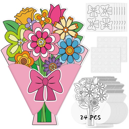 Sereliy 24 Set Mother's Day Crafts for Kids DIY Mother's Day Card Color Your Bouquet Craft for Mother's Day Gifts Craft Birthday Gift Classroom Activities.（24 Bouquet）