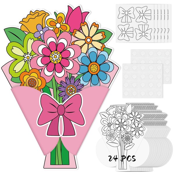 Sereliy 24 Set Mother's Day Crafts for Kids DIY Mother's Day Card Color Your Bouquet Craft for Mother's Day Gifts Craft Birthday Gift Classroom Activities.（24 Bouquet）