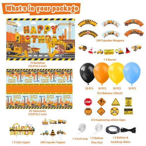 Mpanwen Construction Birthday Party Supplies, 136 Pcs Dump Truck Party Decorations for Boys Baby - Backdrop, Banner, Toppers, Balloons, Cupcakes Wrappers, Party Traffic Signs, Tablecloth