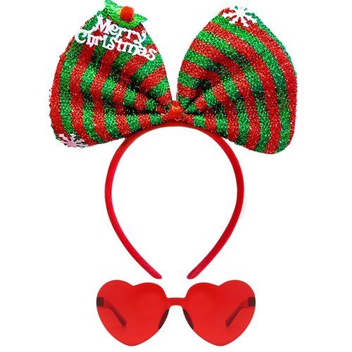 ONEPEACE Christmas Sequin Bow Headband with Heart Sunglasses, Perfect Costume Hair Accessories for Christmas Holidays Party Supplies (Red)