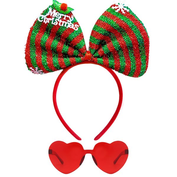 ONEPEACE Christmas Sequin Bow Headband with Heart Sunglasses, Perfect Costume Hair Accessories for Christmas Holidays Party Supplies (Red)