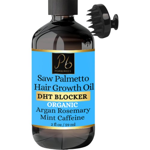 Pomberries Saw Palmetto Hair Loss Treatment Oil for Hair Growth, DHT Blocking with Organic Rosemary, Morrocan Argan, Amla, Caffeine, Pumpkin Seed , Scalp Massager, Unisex Adult