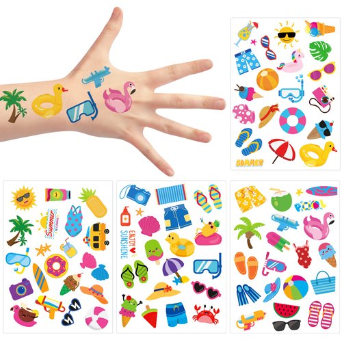 3sscha 8 Sheets Summer Beach Temporary Tattoos for Kids Cartoon Flamingo Watermelon Pineapple Non-toxic Tats Stickers Waterproof Palm Body Sticker Art Decal Pool Party Favor Supplies for Boys Girls