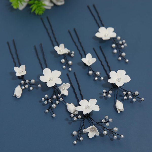 7 Pieces New Material Handmade Polymer Clay Flower Hair Pins for Women Classical Wedding Hair Accessories Waterproof Elastic No Deformation Pearl Hairpin