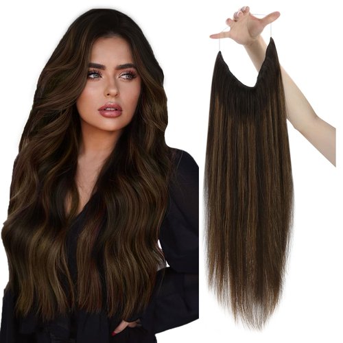 Sunny Wire Hair Extensions Real Human Hair Brown Ombre Fishing Wire Human Hair Extensions Darkest Brown to Medium Brown Balayage Invisible Wire Hair Extensions Brown Long Hair Extensions 20In 100G