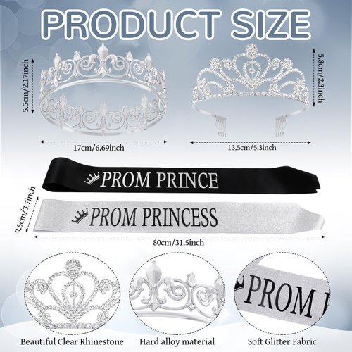 Saintrygo Prince and Princess Crowns Prom Court Sashes Prom Party Favors 80s Prom Tiara Shiny Satin Cosplay for Graduation(Nostalgic Style)