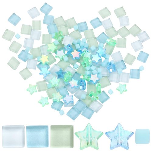GORGECRAFT 6 Styles 350PCS Gradient Color Glass Mosaic Tiles Iridescent Crystal Bright Rainbow Small Square Star Mosaic Pieces Aquamarine Sparkle Iridized Stained Glitter for Adults Crafts 0.4x0.4"