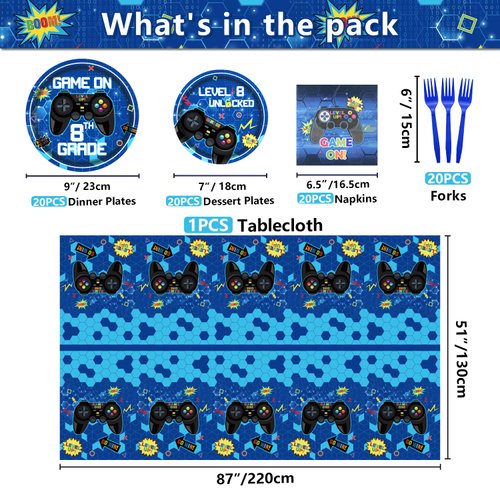 81 Pcs Video Game Party Supplies - 8th Birthday Video Game Party Decor Dinner Plates Napkins Video Game Tablecloth Forks Gaming Party Pack for Kid Boy 8th Birthday Party, Serves 20 (8th)