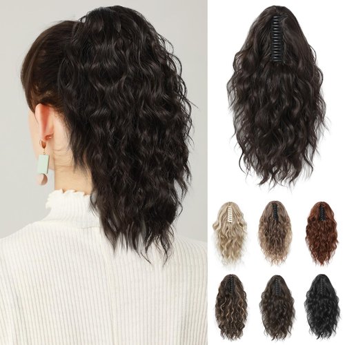 REECHO 14" Ponytail Extension, Short Claw Clip on Ponytail Extension Fake Pony Tails Soft Wavy Curly Clip in Hair Extensions Synthetic Hairpiece for Women Daily Party HP002 - Black Brown