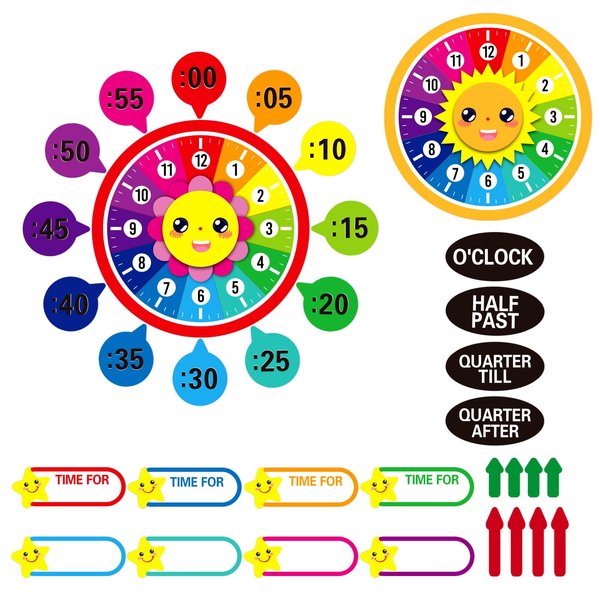 WhatSign Telling Time Bulletin Board Set Telling Time Teaching Clock for Kids 34Pcs Kids Clock Learning to Tell Time Clock Practice Cutout for Teacher Must Have Classroom Bulletin Board Decorations